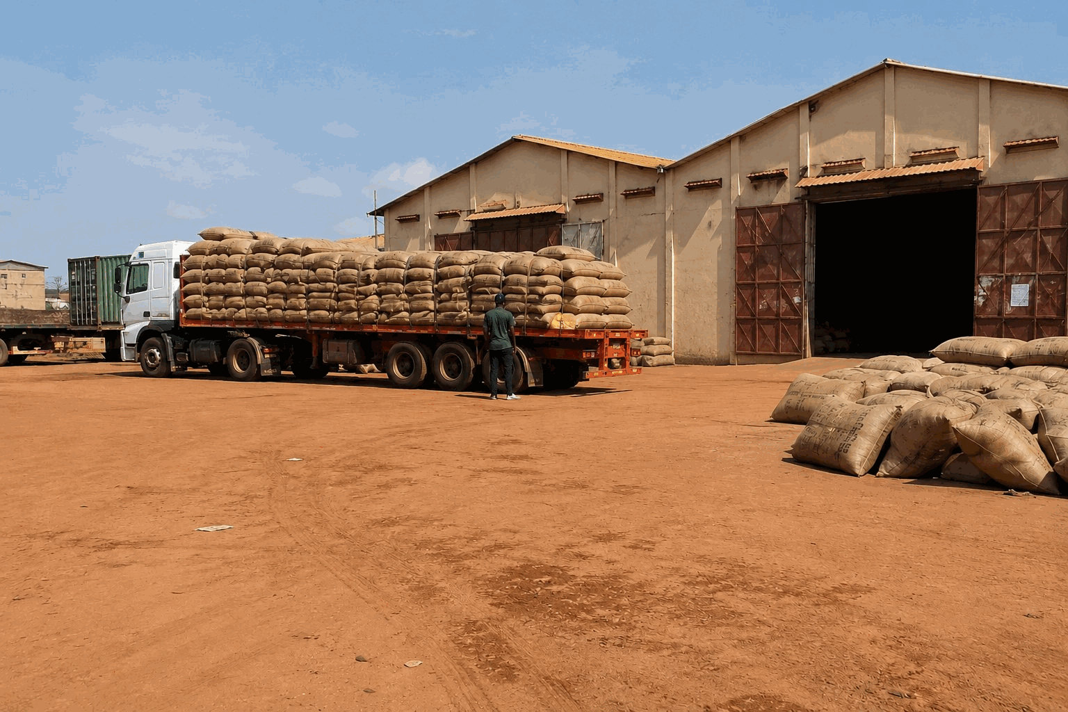 Truck loaded with raw cashew nut bags outside a warehouse in Guinea-Bissau.